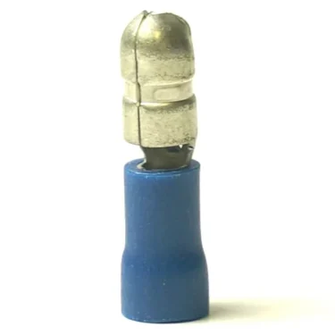 A single blue insulated male bullet connector terminal, compatible with the V.1508 M-4 90ºC THERMOSTAT, is displayed upright on a white background. © 2025 1st-line.com