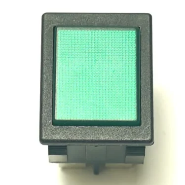 A top view of the V.4308 WHITE INDICATOR LIGHT 230V, a rectangular green push button switch with a black plastic frame and white indicator light, rated for 230V. © 2025 1st-line.com