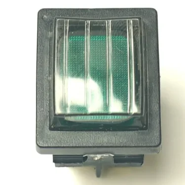 A top view of the V.4312 DOUBLE INDICATOR LIGHT - RED/GREEN shows a rectangular green rocker switch with a black frame, an indicator light, and three raised vertical lines on its transparent cover. © 2025 1st-line.com