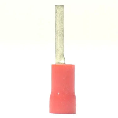 A V.2053 28mm POINT FASTON red insulated spade terminal connector with an upward flat metal blade, shown individually on a white background. © 2025 1st-line.com