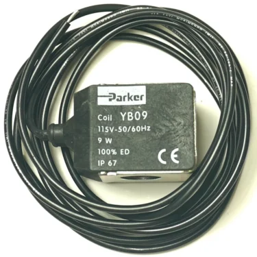 A V.2417 110V AC 9W wiring coil, black with attached cable, labeled 9W, 115V-50/60Hz, 100% ED, IP67, and CE markings. Both coil and cable are coiled together on a white background. © 2025 1st-line.com
