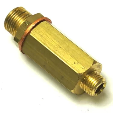 A W..225 OVERLOAD VALVE with a brass hexagonal body and threaded male ends, shown diagonally on a white background—ideal for use as an overload valve in diverse applications. © 2025 1st-line.com