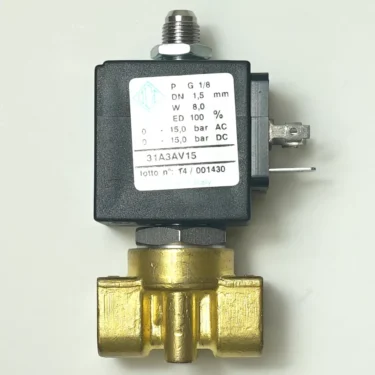 An OME.19 1/4x1/4 3WAY ODE SOLENOID in brass and black, labeled with pressure, voltage, and model specs, is shown against a plain light background. © 2025 1st-line.com