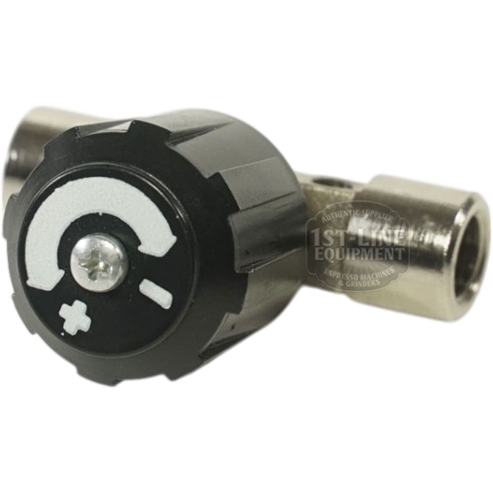 Close-up of a black adjustment knob with plus and minus signs on a metal fitting—part of the 1st-line V105K Needle Valve for Flow Regulation, used for precise control on machines or appliances. © 2025 1st-line.com