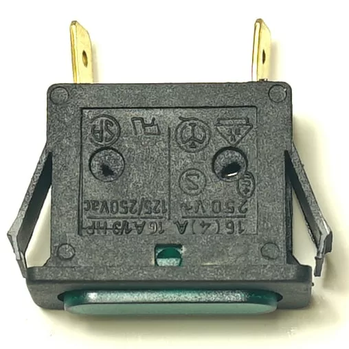 Close-up of a black electrical push button switch with two brass terminals and various specification markings, including voltage and amperage ratings, like those on the V.4411 GREEN DOUBLE SWITCH. © 2025 1st-line.com