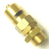 Close-up of a brass pressure relief valve with threaded end and hex nuts, shown beside a V.4569 250V 16A MOMENTARY PUSH-BUTTON, both isolated on a white background. © 2025 1st-line.com