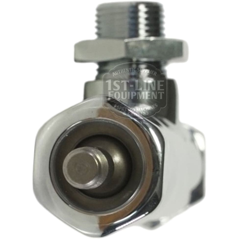 Close-up of a shiny 1st-line V224 Joystick Steam/Hot Water Valve (Stem w/o Holding Position) with threaded connector and central pin, designed for steam or hot water control in espresso machines. © 2025 1st-line.com
