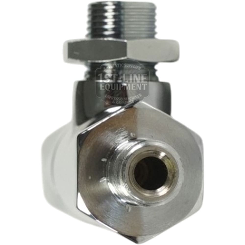 Close-up of a shiny metal fitting, the 1st-line V224 Joystick Steam/Hot Water Valve - Stem w/o Holding Position, featuring a hexagonal shape and threaded end. The forward-facing opening highlights the internal threading. © 2025 1st-line.com