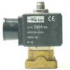 Close-up of a V.1454 24Vac 9W FLAT PARKER SOLENOID with a black coil housing and brass valve body, labeled 24V/50-60Hz, 9W, IP65, shown against a white background. © 2025 1st-line.com