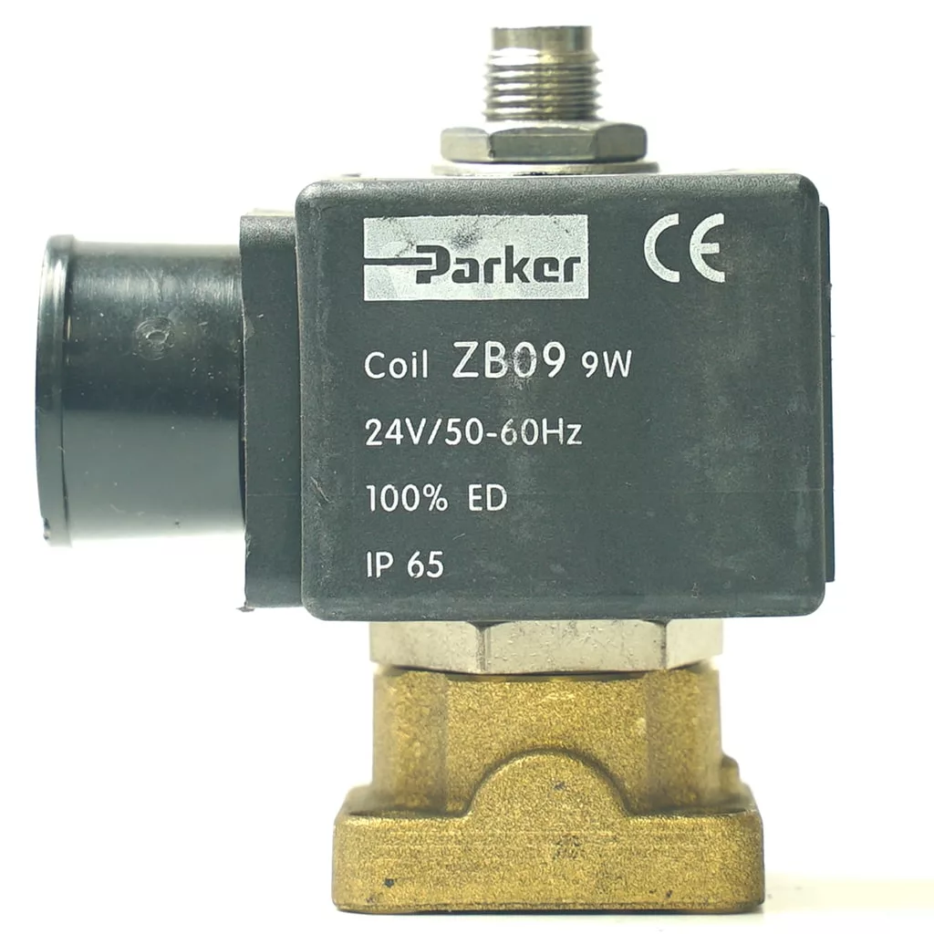 Close-up of a V.1454 24Vac 9W FLAT PARKER SOLENOID with a black coil housing and brass valve body, labeled 24V/50-60Hz, 9W, IP65, shown against a white background. © 2025 1st-line.com
