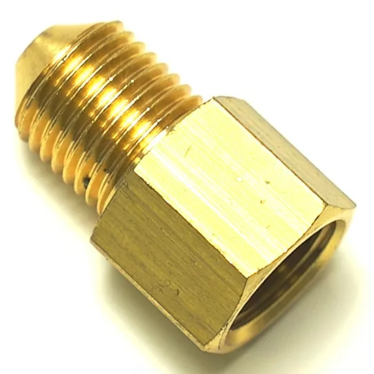 Close-up of a V.1860 1/4Mx1/4F FITTING, featuring a threaded end and hexagonal nut, designed for connecting pipes or hoses in plumbing or automotive uses. © 2025 1st-line.com