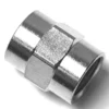 Close-up of a V..897 1/4FX1/4F FITTING coaxial cable connector, showing its hexagonal central section and smooth cylindrical ends, set against a white background. © 2025 1st-line.com