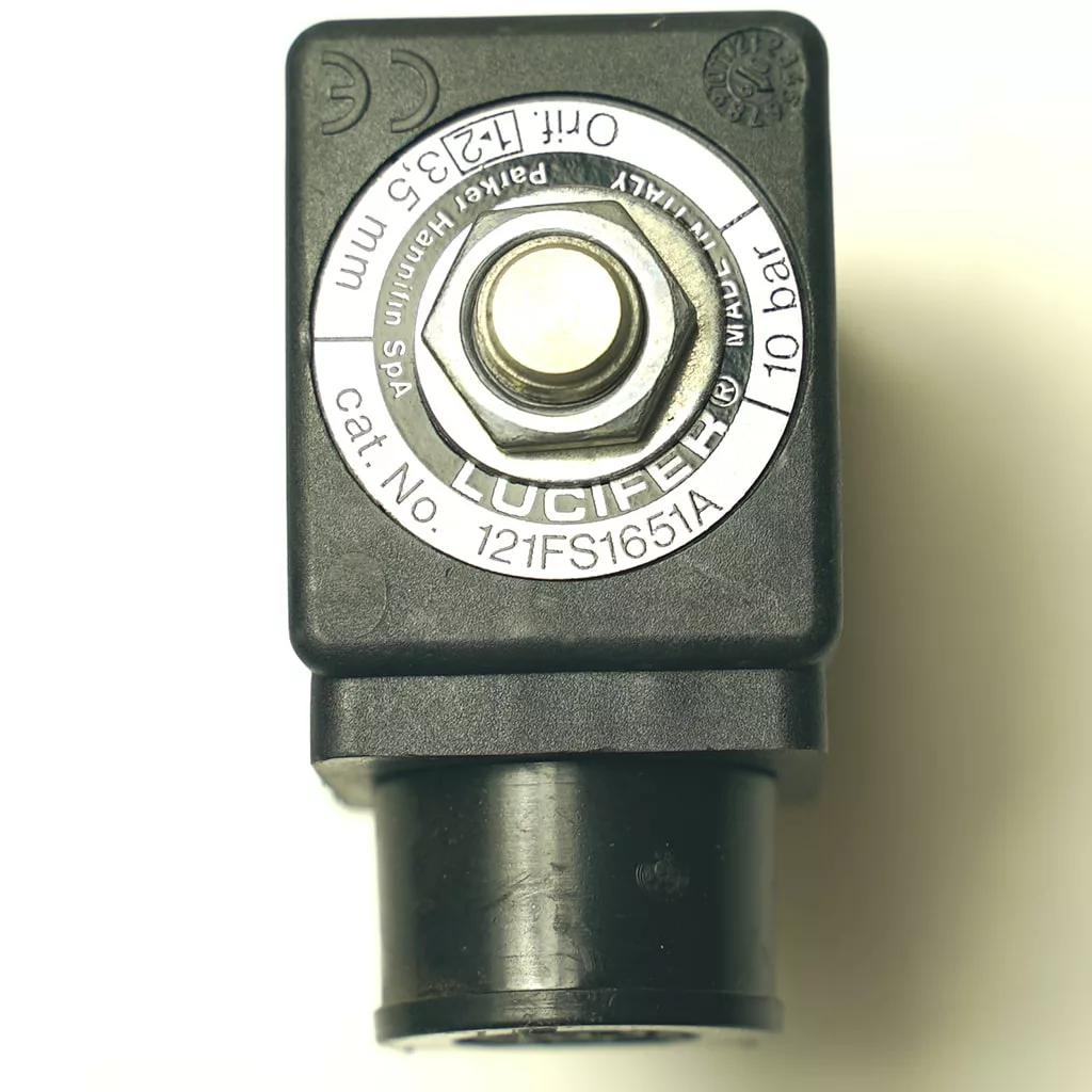 Close-up of DISCONTINUED SM.488 21GRAM 2 CUP FILTER: black industrial solenoid valve, Lucifer model 121FS165A, 10 bar pressure, 1/8 fitting, central metal hex bolt—suitable for up to 21g dosing or use with a 2 cup filter. © 2025 1st-line.com