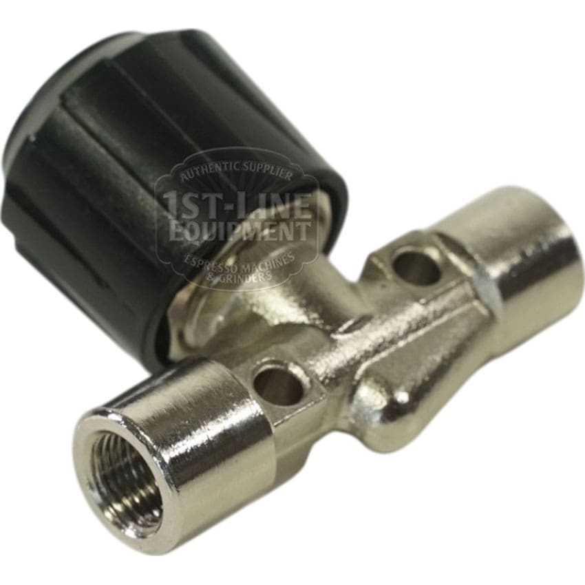 Close-up of the 1st-line V105K Needle Valve for Flow Regulation, featuring a black plastic knob for precise adjustment and threaded openings on both sides for pipe or tube connections. © 2025 1st-line.com