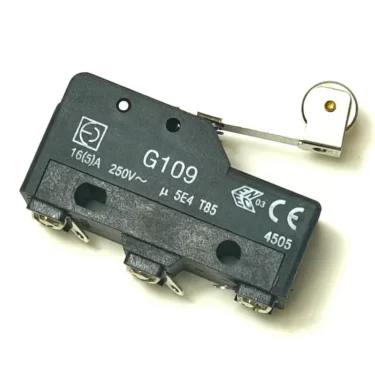 Close-up of the R...32 250V 16A MICROSWITCH with a black casing, metal lever, and markings including G109, 250V, 16A, certification symbols, and electrical ratings. © 2025 1st-line.com