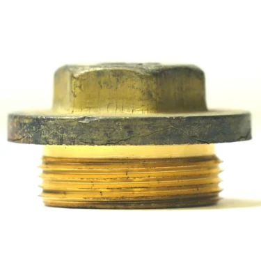Close-up of the SP.126 LEVEL SUPPORT FITTING, a brass hexagonal bolt with a wide flange and threaded lower portion, commonly used for level support. The top appears worn and tarnished, shown against a plain white background. © 2025 1st-line.com