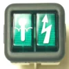 Close-up of the V.4216 15.2mm Diameter Red Push-Button: green switch with two white-button icons—left shows a person with arms outstretched, right displays an upward arrow with lightning bolt—all set in a gray frame. © 2025 1st-line.com