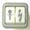 Close-up of the V.4423 DOUBLE PILOT switch in gray, featuring two white buttons: the left shows a mosquito icon, and the right displays a lightning bolt with an upward arrow. © 2025 1st-line.com