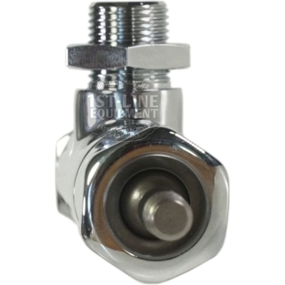 Close-up view of the 1st-line V224 Joystick Steam/Hot Water Valve - Stem w/o Holding Position, featuring shiny metallic threaded connectors and a screw, photographed from the front. © 2025 1st-line.com