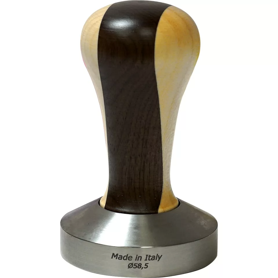 The 1st-Line Bicolor Wood Handle 58.5mm Espresso Coffee Tamper features a stylish two-tone wood handle and a metal base inscribed with Made in Italy Ø58,5, blending elegance and precision for perfect espresso prep. © 2025 1st-line.com