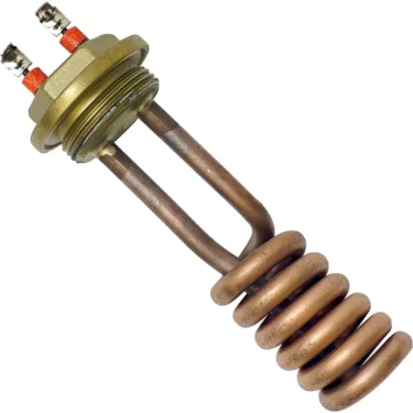 The 1st-line Heating Element - 1400W 110V features a metallic body with a threaded base, two top electrical terminals, and a coiled heating rod at the bottom. © 2025 1st-line.com