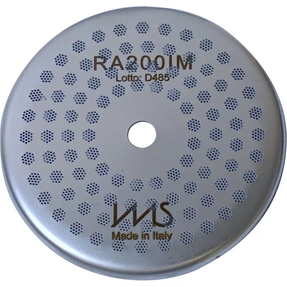 The 1st-Line IMS Competition Shower Dispersion Screen is a round metallic screen with a central hole and a hexagonal pattern, labeled RA200IM Lotto: D485 and IMS Made in Italy in black—ideal for espresso enthusiasts. © 2025 1st-line.com