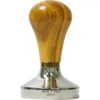 The 1st-line Lord Olive Wood Handle 58.5mm Espresso Coffee Tamper features a polished olive wood handle, a shiny 58.5mm metal base, and Made in Italy Ø58,5 engraved near the base. © 2025 1st-line.com