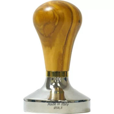 The 1st-line Lord Olive Wood Handle 58.5mm Espresso Coffee Tamper features a polished olive wood handle, a shiny 58.5mm metal base, and Made in Italy Ø58,5 engraved near the base. © 2025 1st-line.com