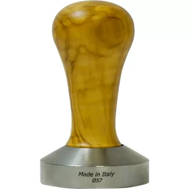 The 1st-Line Olive Wood Handle 57mm Espresso Coffee Tamper features a stainless steel base engraved with Made in Italy Ø57 and an elegant olive wood handle. © 2025 1st-line.com