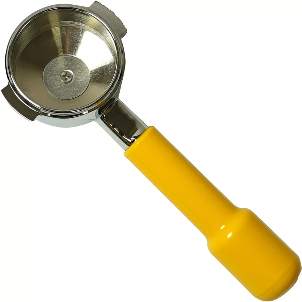 The 1st-Line Portafilter for Tea and Herbal Tea features a shiny metal body with a bright yellow handle, showcased against a white background. Its clean basket is perfect for preparing espresso or your favorite herbal tea blends. © 2025 1st-line.com