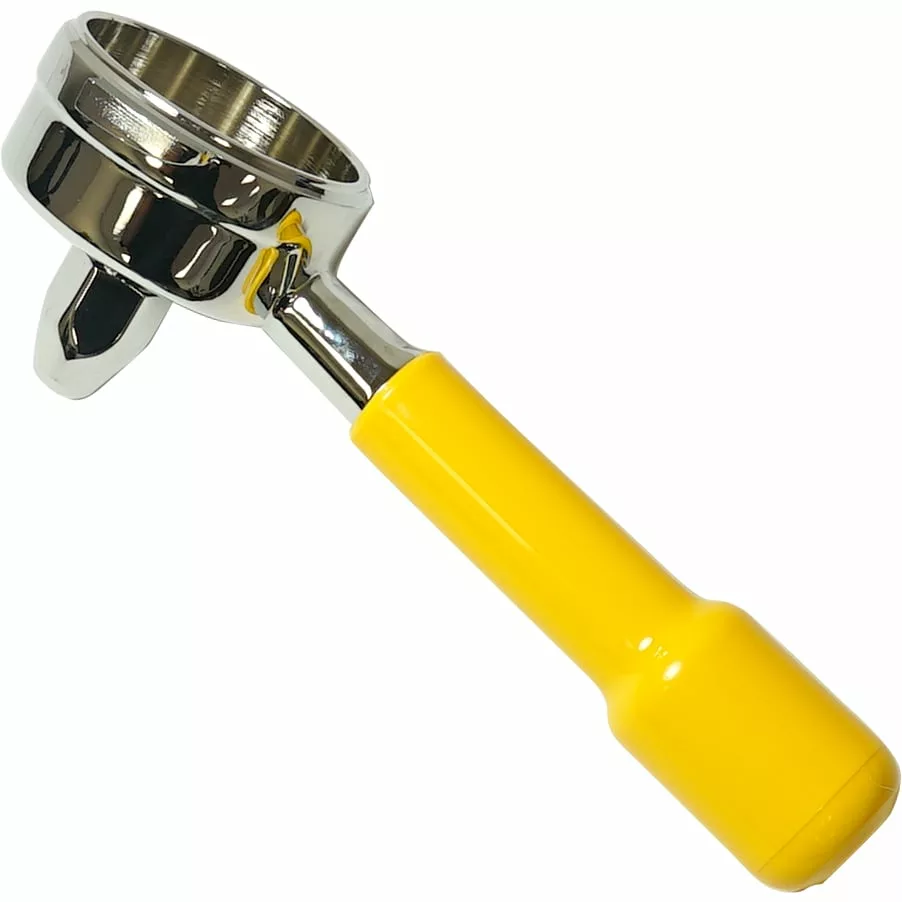 The 1st-Line Portafilter for Tea and Herbal Tea features a shiny metal build and bright yellow handle, ideal for crafting tea or espresso. Displayed isolated on a white background. © 2025 1st-line.com