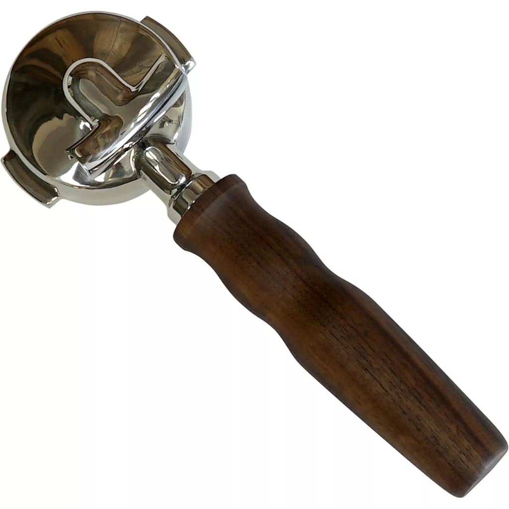 The 1st-line Stainless Steel 2-cup 58mm Portafilter with Walnut Handle—E61 style—features a polished metal head and elegant dark wood handle, displayed on a plain white background. © 2025 1st-line.com