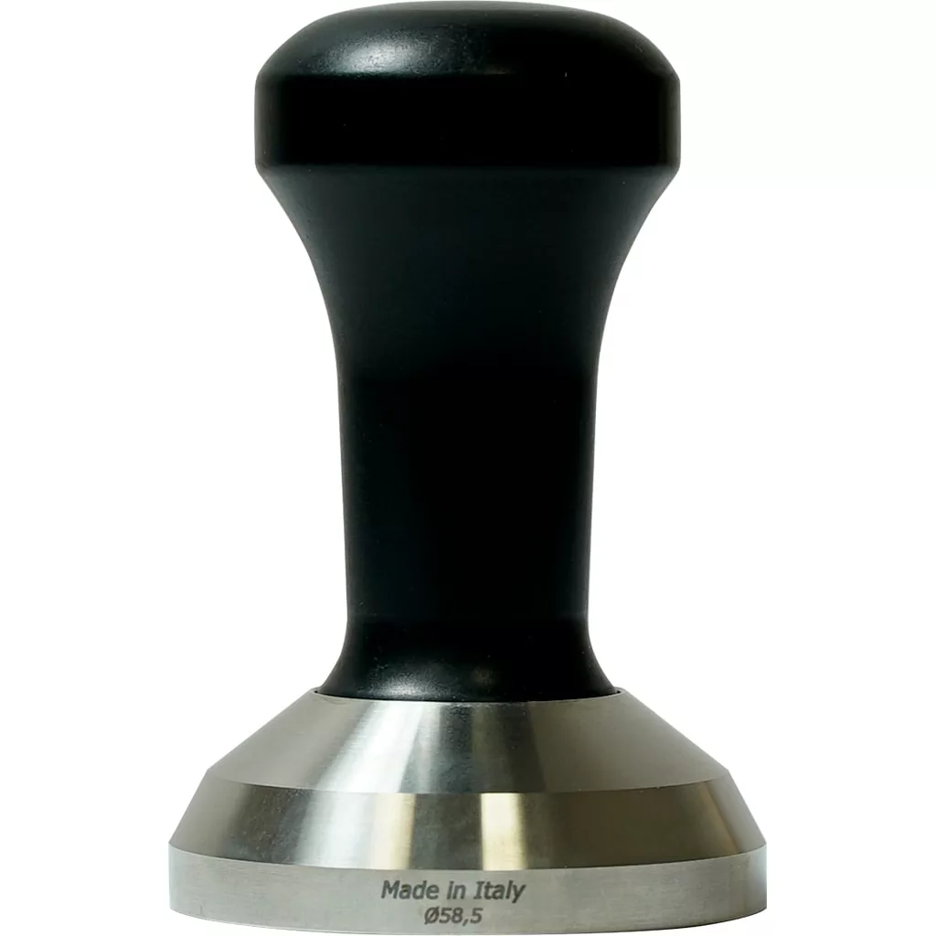 The 1st-line Timeless Black 58.5mm Espresso Coffee Tamper features a metal base engraved with Made in Italy Ø58.5 and a black handle, shown against a plain white background. © 2025 1st-line.com