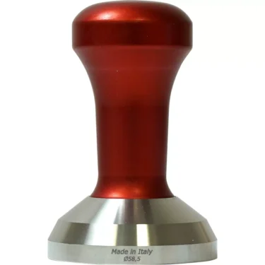 The 1st-line Timeless Red 58.5mm Espresso Coffee Tamper features a red and silver metal design with a rounded handle, flat base, and “Made in Italy” and “Ø58.5mm” engraved on the base—ideal for precise coffee tamping. © 2025 1st-line.com
