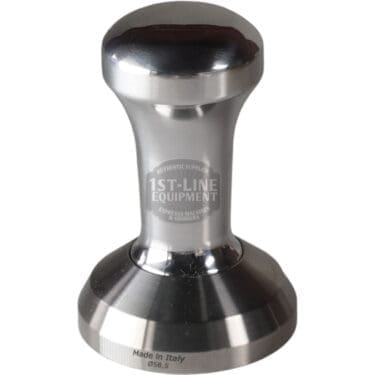 The 1st-line Timeless Shiny 58.5mm Espresso Coffee Tamper features “1st-Line Equipment” engraved on the top and “Made in Italy” on the base, with a gleaming surface that brings elegance to any coffee setup.