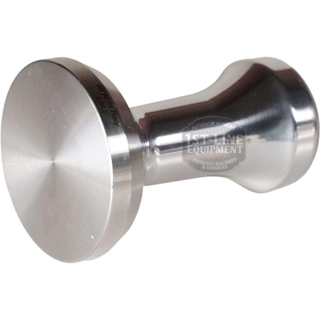 The 1st-line Timeless Shiny 58.5mm Espresso Coffee Tamper features a flat base and curved handle, expertly designed for compressing coffee grounds in your portafilter.