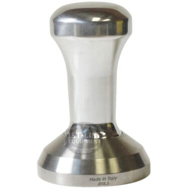 The 1st-line Timeless Shiny 58.5mm Espresso Coffee Tamper features a polished finish, engraved label, and “Made in Italy” at the base—ideal for precise coffee tamping.