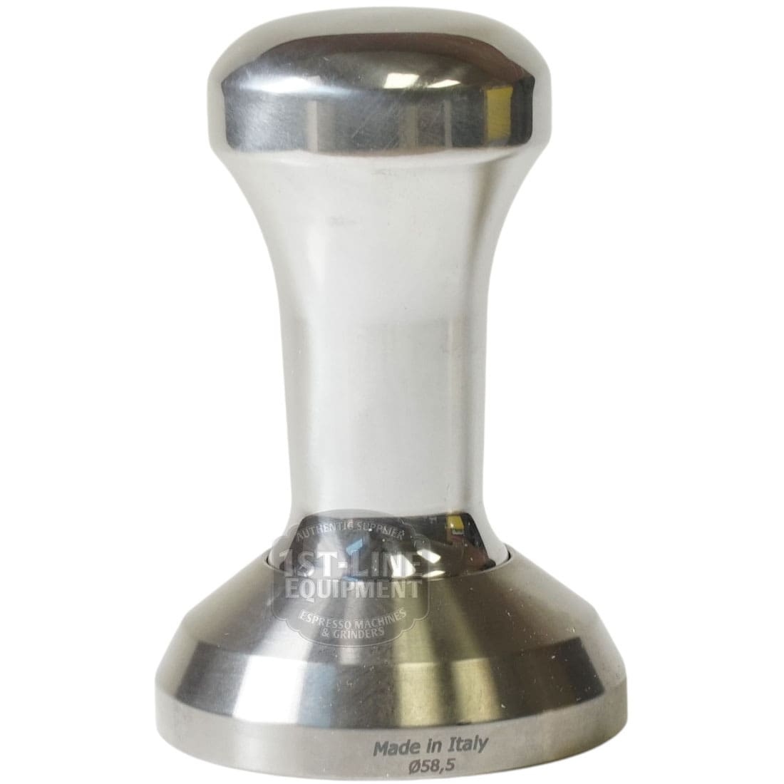 The 1st-line Timeless Shiny 58.5mm Espresso Coffee Tamper features a polished finish, engraved label, and “Made in Italy” at the base—ideal for precise coffee tamping.