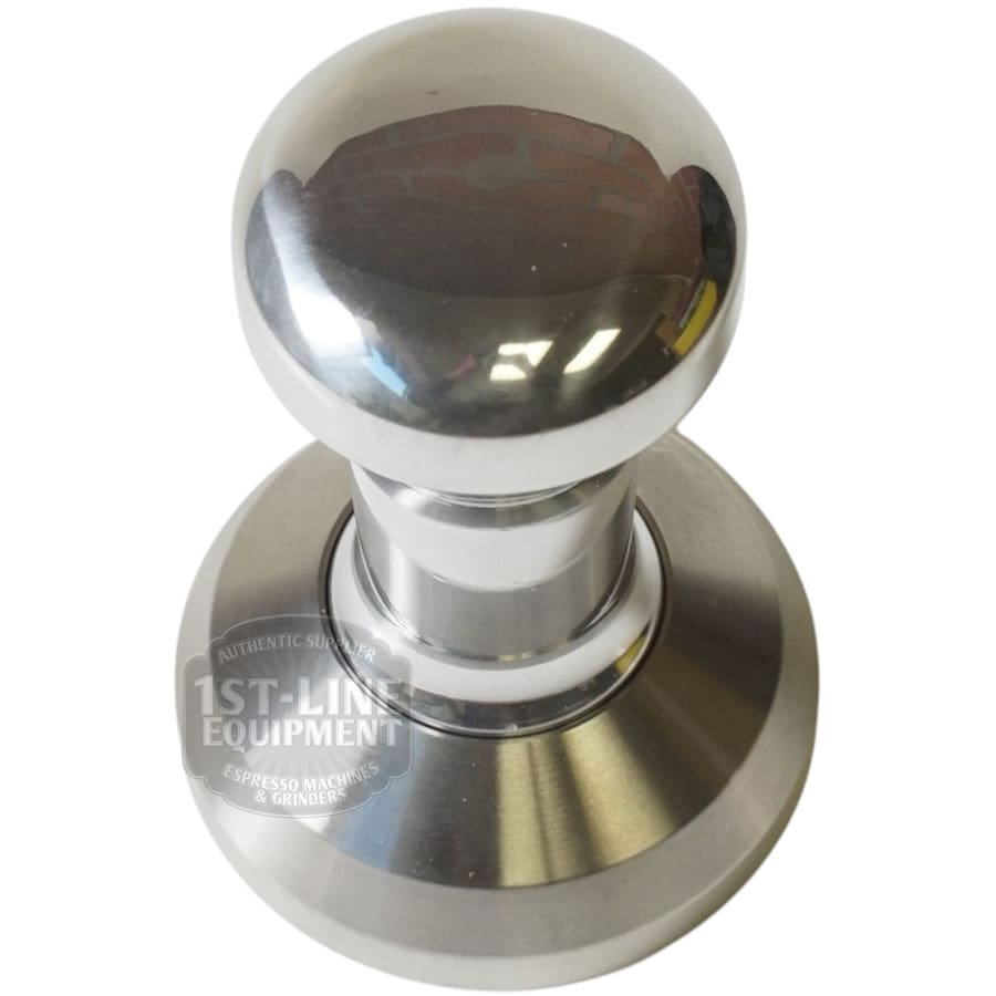 The 1st-line Timeless Shiny 58.5mm Espresso Coffee Tamper, featuring a rounded handle and flat base for pressing espresso grounds, is shown against a white background with the 1st-Line Equipment logo visible on its side.