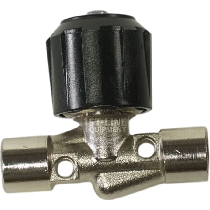 The 1st-line V105K Needle Valve for Flow Regulation features a black plastic knob, two horizontal cylindrical extensions with mounting holes, and ensures secure installation and precise flow control. © 2025 1st-line.com