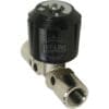 The 1st-line V105K Needle Valve for Flow Regulation features a metal and black plastic cylindrical body, threaded metal fittings, and a black knob with plus/minus symbols—perfect for precise control of flow. © 2025 1st-line.com