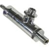 The 1st-line V224 Joystick Steam/Hot Water Valve - Stem w/o Holding Position is a shiny metal fitting with threaded connectors and a side outlet, designed for plumbing or industrial applications—shown on a white background. © 2025 1st-line.com