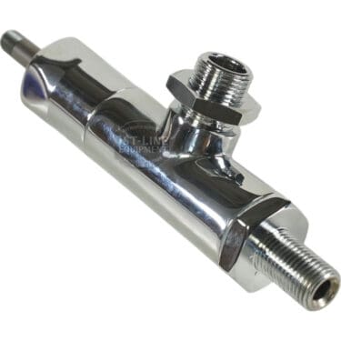The 1st-line V224 Joystick Steam/Hot Water Valve - Stem w/o Holding Position is a shiny metal fitting with threaded connectors and a side outlet, designed for plumbing or industrial applications—shown on a white background. © 2025 1st-line.com