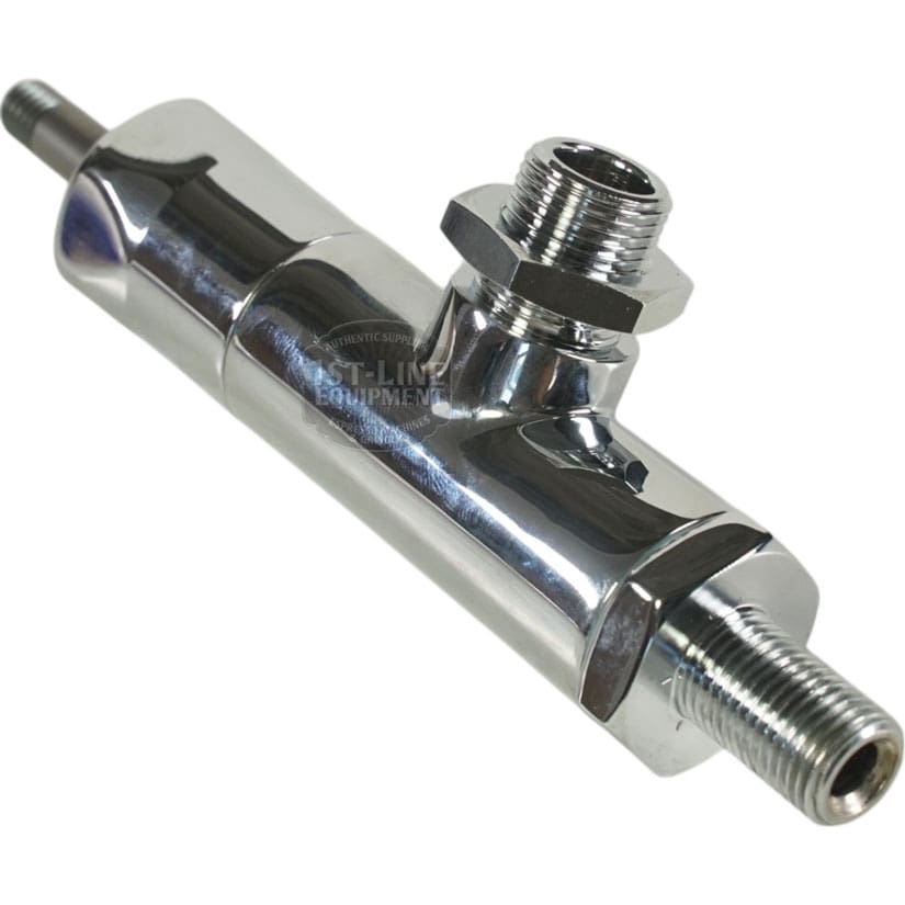 The 1st-line V224 Joystick Steam/Hot Water Valve - Stem w/o Holding Position is a shiny metal fitting with threaded connectors and a side outlet, designed for plumbing or industrial applications—shown on a white background. © 2025 1st-line.com