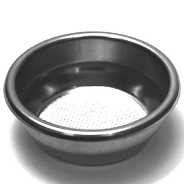 The CA..26 14 GRAM 2 CUP FILTER, a metal portafilter basket with fine bottom holes for holding ground coffee during espresso brewing, is shown against a white background. © 2025 1st-line.com