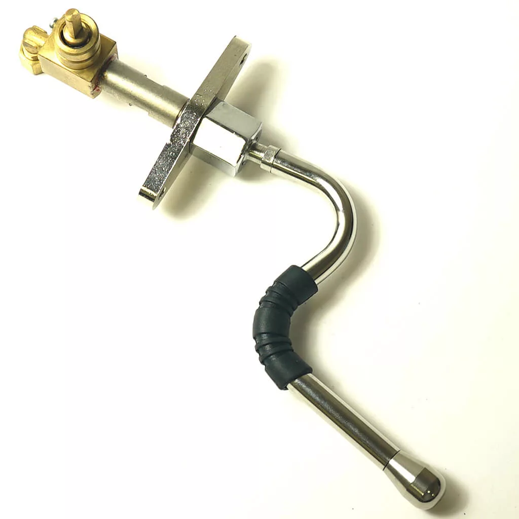 The DISCONTINUED Ascaso PM.320 WALNUT Handle Bottomless Portafilter features a brass fitting, a rectangular mounting plate, and an Ascaso-style curved chrome handle with black grip, shown against a white background. © 2025 1st-line.com