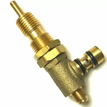 The F.1191 HOT WATER/STEAM VALVE is a brass component with threaded ends, a side outlet, two black O-rings, and a textured middle section, shown isolated on a white background. © 2025 1st-line.com