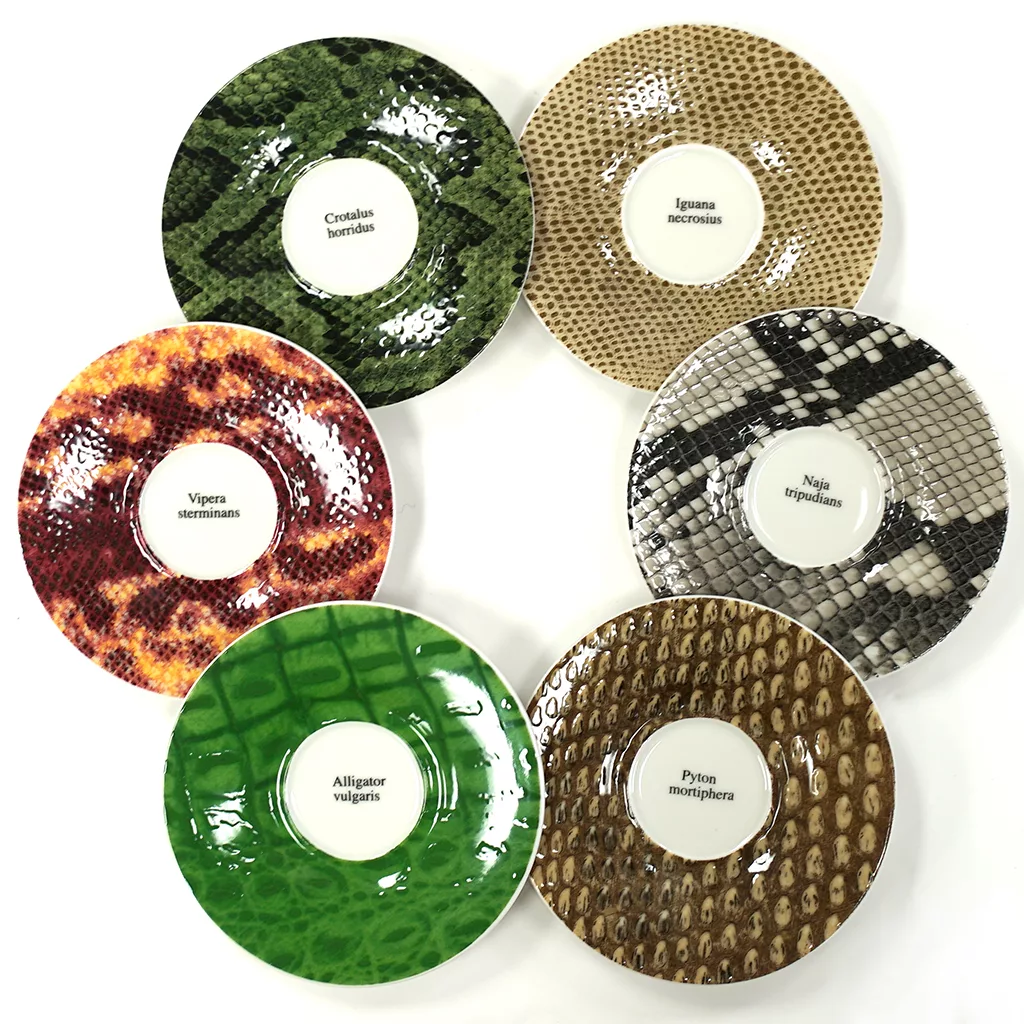 The Francis!Francis! Reptilia Espresso Cups - Set of Six features cups labeled Croatan horridus, Iguana necessarius, Naja tripudians, Python molurus, Alligator willgeri, and Vipera sterniana with reptile-inspired textures. © 2025 1st-line.com