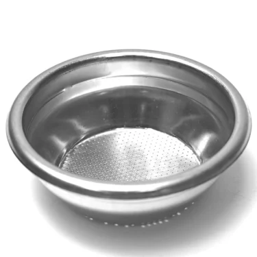 The Gaggia 14 GRAM 2 CUP FILTER, a stainless steel bowl-shaped strainer with small holes at the bottom, is shown draining food on a plain white surface. © 2025 1st-line.com