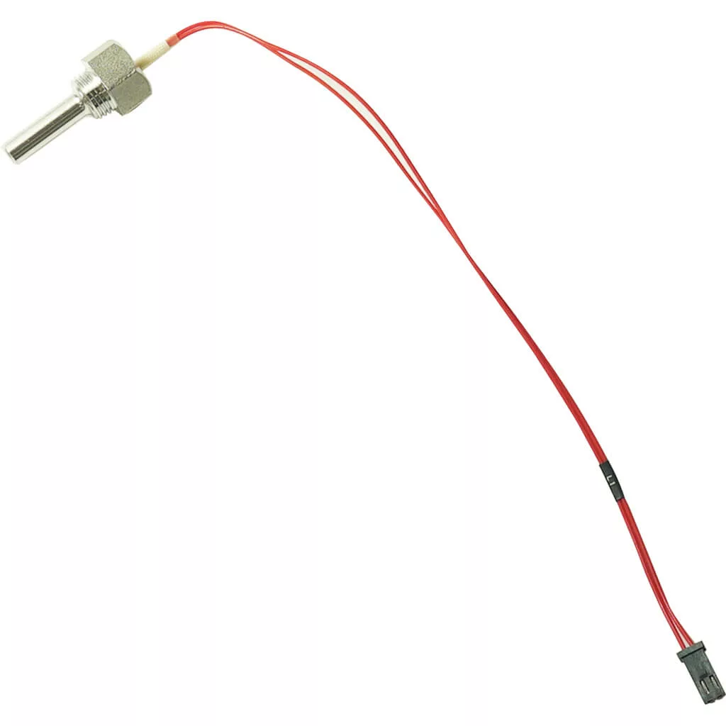 The Lelit PR00723 Mara X PID Sensor/Temperature Probe features a hexagonal metal base, long red wire, and black connector—perfect as a replacement temperature probe for the Lelit Mara X espresso machine. © 2025 1st-line.com